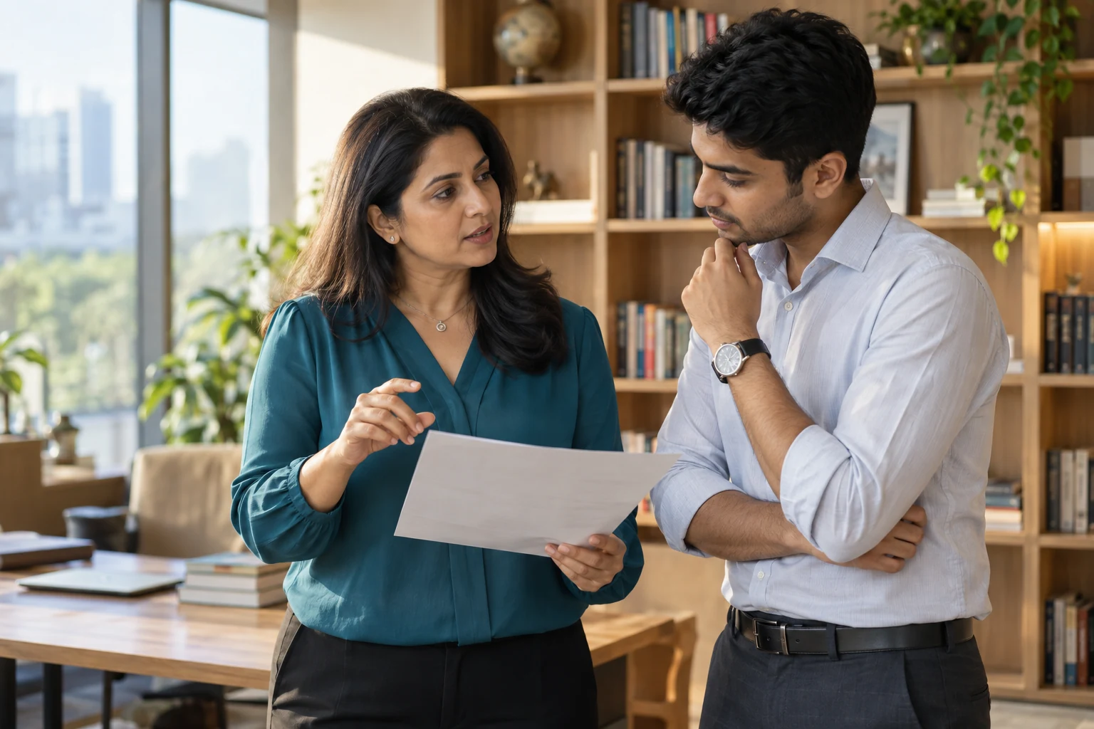 A business leader and a younger colleague discussing their work in a sunlit office library