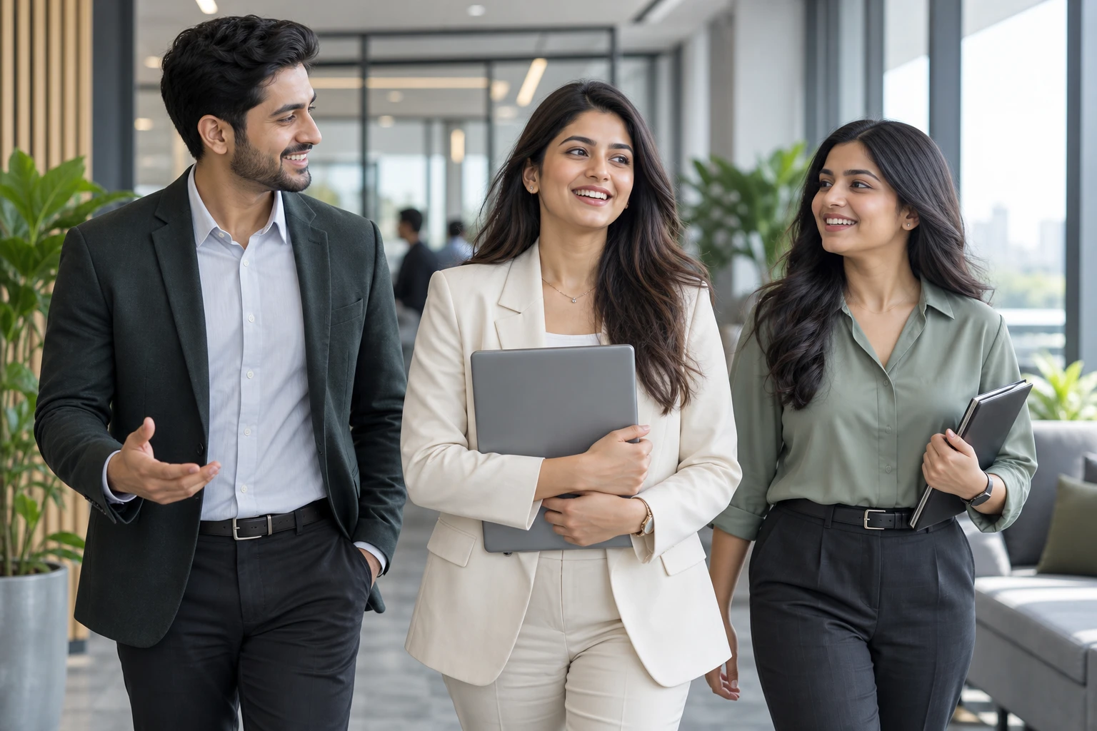 Confident young Indian professionals walking together through a bright corporate office