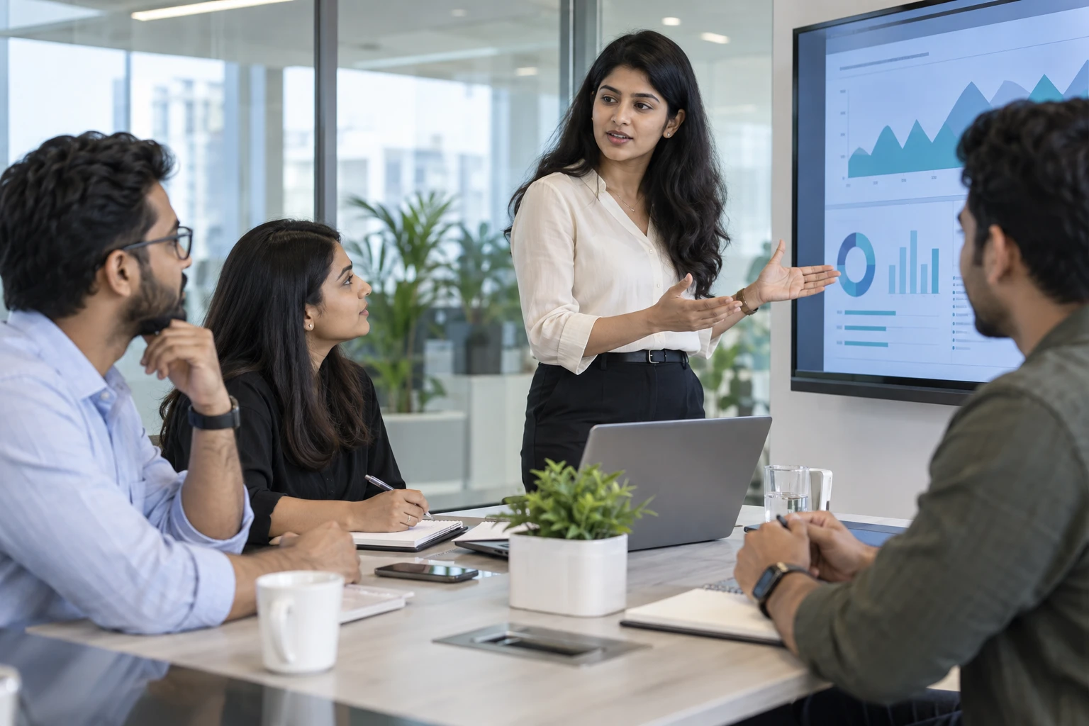A corporate team collaborating on a project in a meeting room