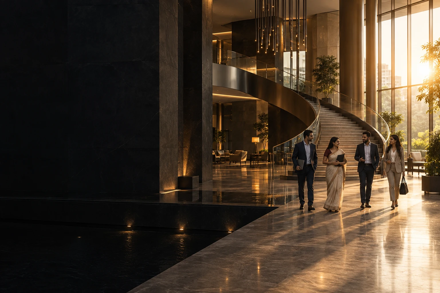 An expansive corporate atrium with professionals walking together