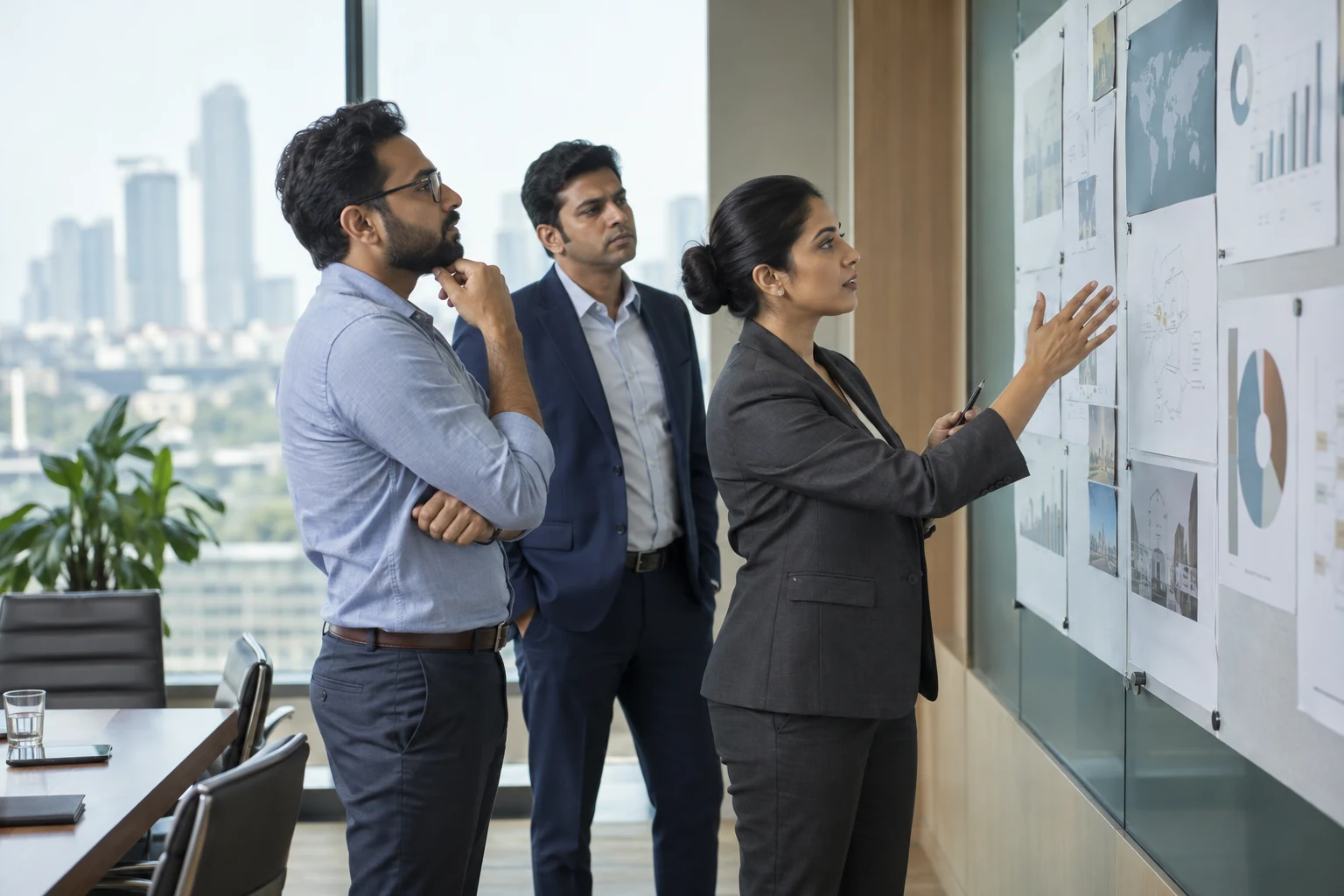 Business consultants discussing workflows and project diagrams in an executive project room