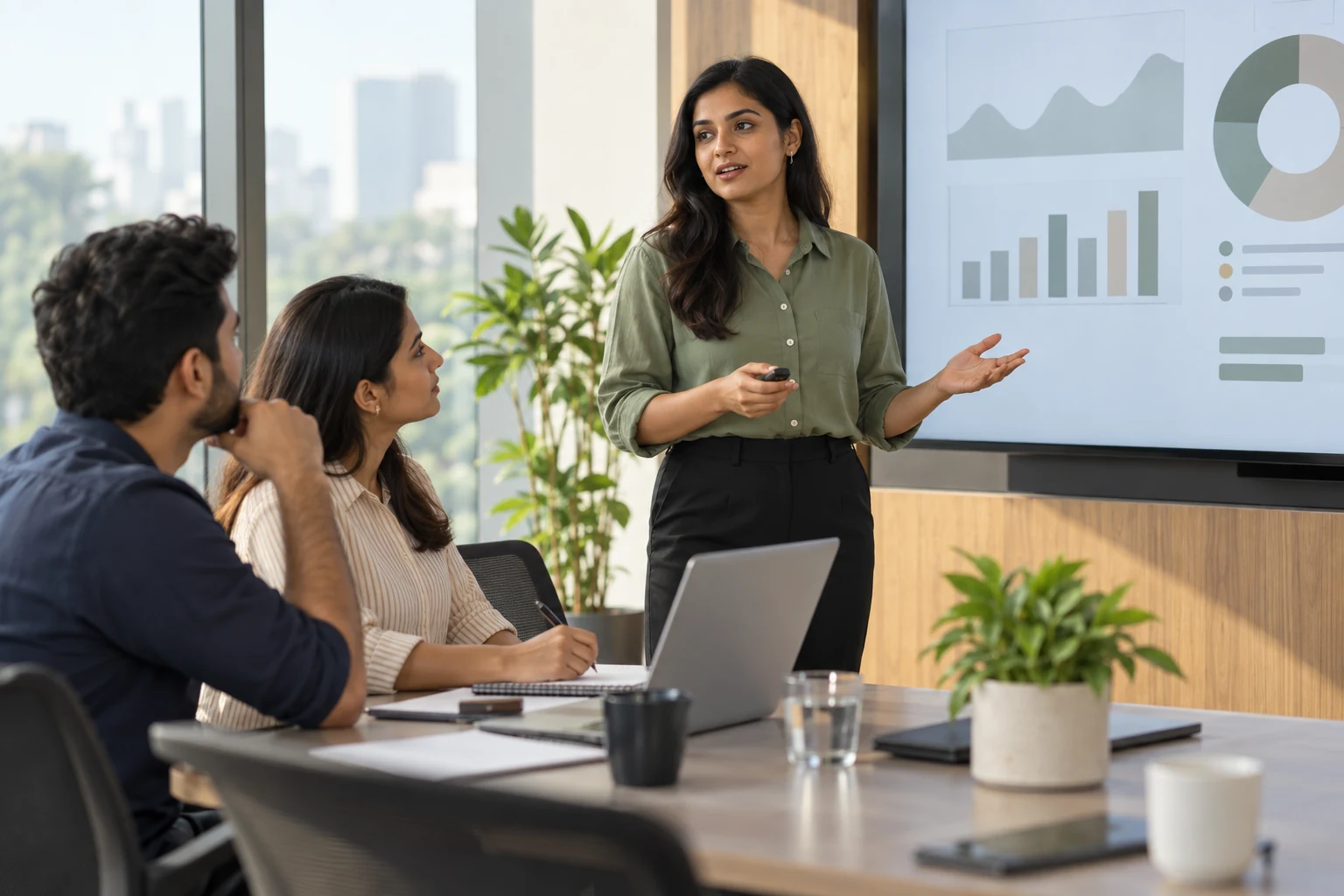 A young professional presenting her project to peers in a corporate learning studio
